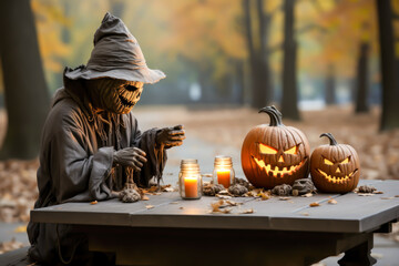 Halloween scene, mr pumpkin sitting on a table in a parue, with halloween pumpkins, with lots of pumpkins around, horror, scary