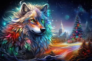 Wall Mural - beautiful christmas card with a colorful wolf and christmas tree in a snowy winter scene