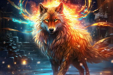 Wall Mural - mythical glowing fantasy wolf in a magical winter setting, beautiful art