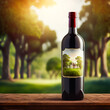 Luxury red wine bottle in the sunny countryside, generic stylised lable for wine tasting, winery and wine making, viticulture concept. Generative Ai