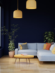 Wall Mural -  minimalist living room has a color scheme of dark blue,  yellow,  orange. - 3D Rendering