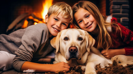 two children and dog during the holidays 