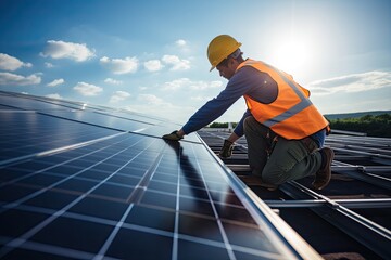 Wall Mural - Green energy and energy saving concept - process of installing solar panels on the roof of a small house. Photo of an engineer install and connect a solar panel system.