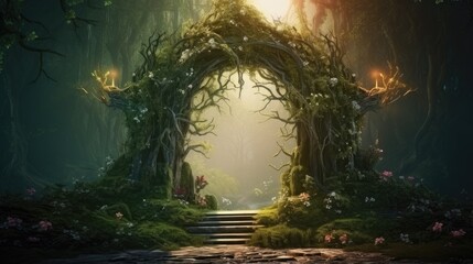 Canvas Print - Spectacular Archway Covered with Vine in the Middle of Fantasy Fairy Tale Forest Landscape Misty on Spring Time Digital Art Illustration