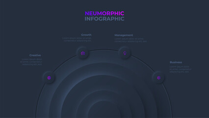Dark neumorphism infographic design template with 4 semicircles