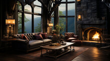 Interior Design, Beautiful Living Room Gothic Style, Luxury Mansion, Elegant Tall Window
