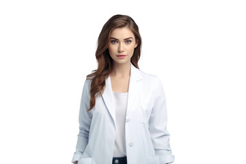 Wall Mural - portrait of young doctor woman in white medical uniform, png isolated on white transparent background for healthcare design usage