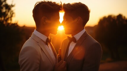 Handsome gay couple hugging in wedding suit enjoying the relationship with LGBTQ