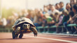 Tortoise winning the race, people on both sides of the track watching, concept of Tortoise and the Hare