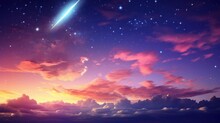 Amazing Peaceful Background - Beautiful Glowing Sunset With Falling Comet - Mystical Sign In Sky, Rising Crescent Moon And Stars. Elements Of This Image Furnished By NASA
