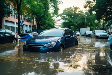 Cars driving through a flooded street during a flood caused by heavy rain.