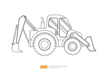 Line end loader vehicle flat. bulldozer quarry machine. stone wheel yellow digger. backhoe front loader truck. work tractor excavator. vector illustration. Coloring Page Book Cartoon Isolated for Kids