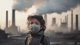 Children wearing masks to prevent air pollution Behind is the factory smokestack.