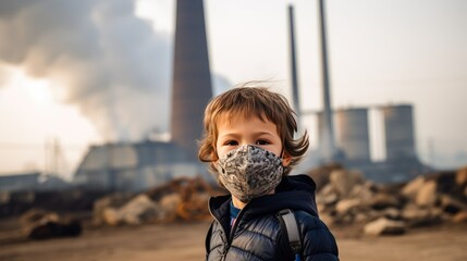 Children wearing masks to prevent air pollution Behind is the factory smokestack.