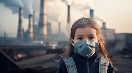 Children wearing masks to prevent air pollution Behind is the factory smokestack.