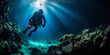 Diver explores dark underwater cave. Generative AI.