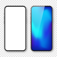 Wall Mural - Smartphone with blank touch screen and abstract colorful background, wallpaper. Frameless mobile phone in front view. High quality detailed device mockup. Vector illustration