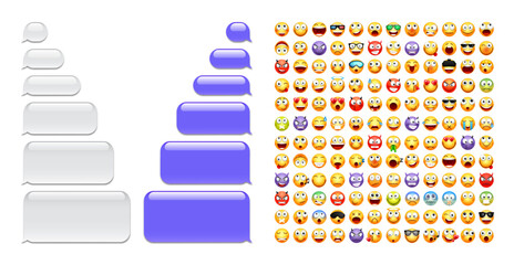 Wall Mural - Blank message bubbles with emoji. Violet chat or messenger speech bubble. SMS text frame. Short message sending. Conversation screen. Social media application. Vector illustration