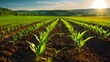 Agriculture shot rows of young corn plants growing on a vast field with dark fertile soil leading to the horizon