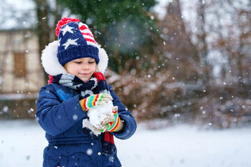 Wall Mural - Cute little preschool girl outdoors in winter park . Adorable healthy happy child playing and having fun with snow, outdoors on cold day. Active leisure with children in winter