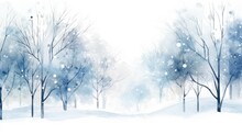 Background Or Backdrop For Text: Autumn Winter Landscape Trees Without Leaves In The Park Snow In Watercolor Style
