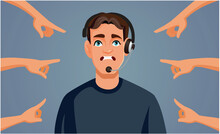 Unsatisfied Customers Pointing To A Client Service Operator Vector Cartoon Illustration. Customer Service Employee Being Blamed By Angry Clients 
