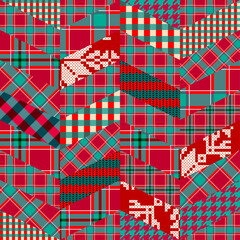 Fototapete - Patchwork textile pattern. Seamless quilting design background. Merry Christmas cozy pattern.