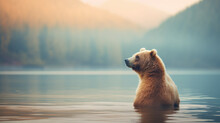A Brown Bear Relaxing By A Lake