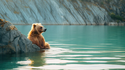 A brown bear relaxing by a lake