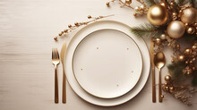 Top View Of Cutlery And Empty Plate Surrounded By Christmas Holiday Decorations On Flat Pastel Background. New Year's Eve Dinner. 