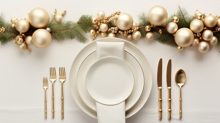 Top view of cutlery and empty plate surrounded by Christmas holiday decorations on flat pastel background. New Year's Eve Dinner. 