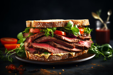 Wall Mural - Roast beef sandwich with tomato, onion, lettuce and mustard sauce on dark background. ai generative