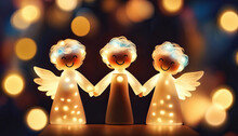 Cute Christmas Angels With Lights And Copy Space