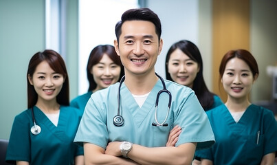 Medicine professionals staff team. Doctor, nurse and surgeon smiling in hospital room background.