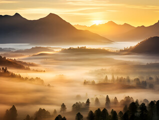 sunrise in the mountains over morning fog