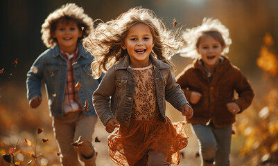 Wall Mural - Group of happy little kids running in autumn park.