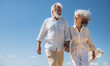 © Mangsaab - Happy senior couple walking and holding hand under blue sky. Retirement travel concept