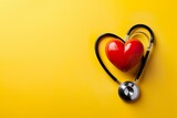 Fototapeta  - Stethoscope and red heart on yellow background. Cardiology concept