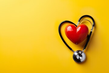 Stethoscope and red heart on yellow background. Cardiology concept