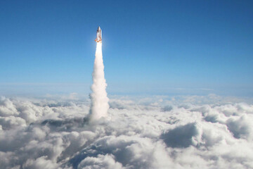 Wall Mural - space shuttle rocket lift off through the clouds into sky. spaceship launch above the clouds. space 