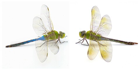 Male and female common green darner - Anax junius - is a species of dragonfly in the family Aeshnidae. One of the most common species throughout North America isolated on white background two views