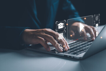 E-learning, Learning online with webinar, video clip tutorial, internet lessons, webinar, education online concept, video tutorial, education concept, technology education, online seminar meeting.