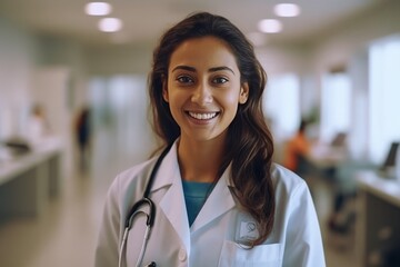 Doctor with Stethoscope in a Hospital, medical professional in clinic, healthcare provider, female physician, hospital consultation