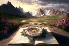 Painting Of An Unfolded 2015 Roadmap Of Wyoming And Colorado With A Compass And A Rose Petal On Top God Rays Volumetric Lighting Fantasy Aesthetic Detailed Realistic 