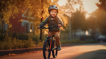 A Cheerful Child Boy Riding A Bicycle For The First Time. Generative Ai