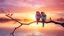2 Birds Sitting On Branch Of Tree Over The River In Sunset View, Love Concept