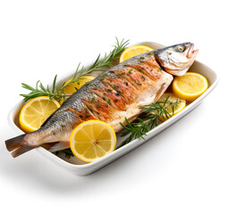 Canvas Print - Whole sea bass baked with lemon tastefully isolated on a white background 