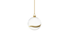Glossy Transparent Glass Christmas Ball Christmastree With Horizontal Golden Flow Hanging From Top Upright 3D Rendering Isolated

