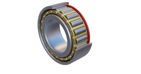 Cylindrical roller bearing - 3D view with outer race cutout revealing rollers and brass cage