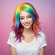 Happy young woman with rainbow colored hair